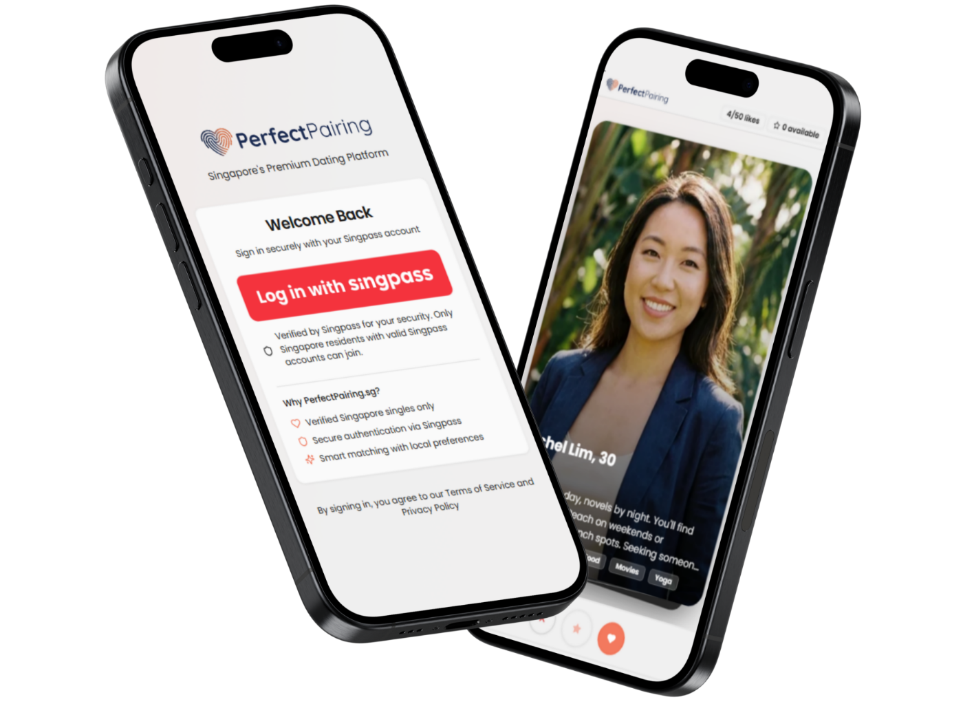 PerfectPairing app showing Singpass login and profile browsing